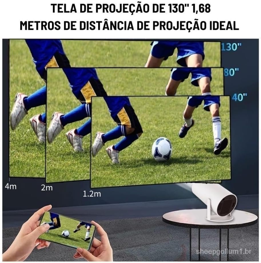 Projetor portátil realiza correção automática da imagem em qualquer ângulo com uso de controle remoto, garantindo projeção perfeita para filmes e games com alta nitidez.