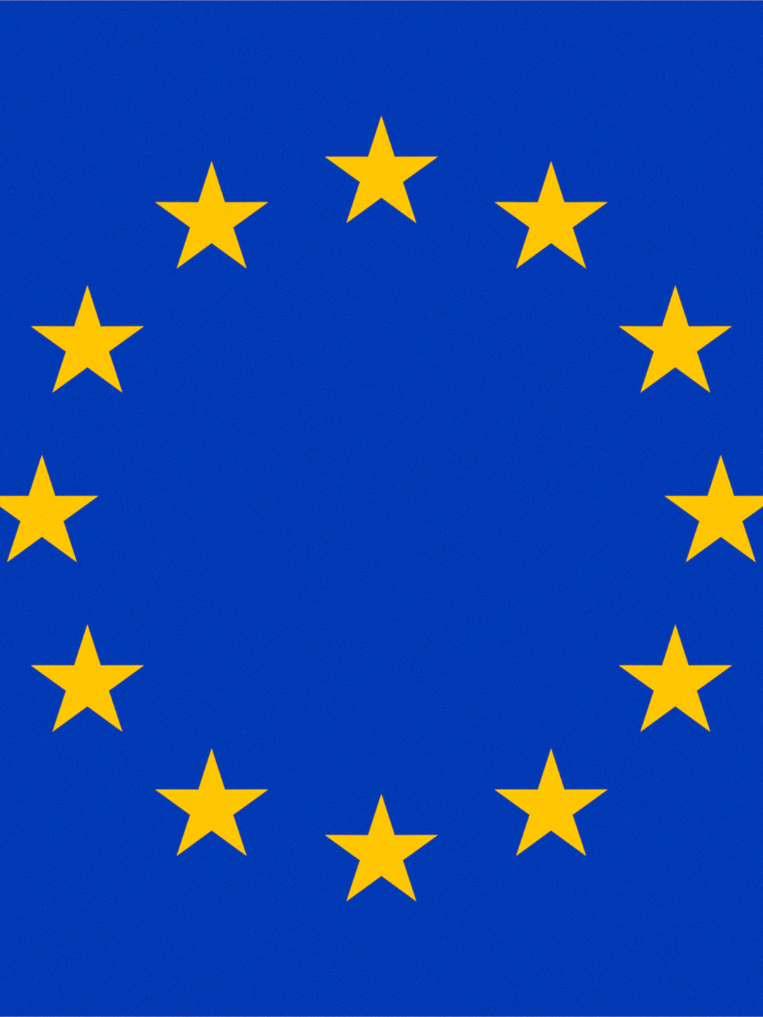 Bandeira da União Europeia com 12 estrelas em fundo azul.