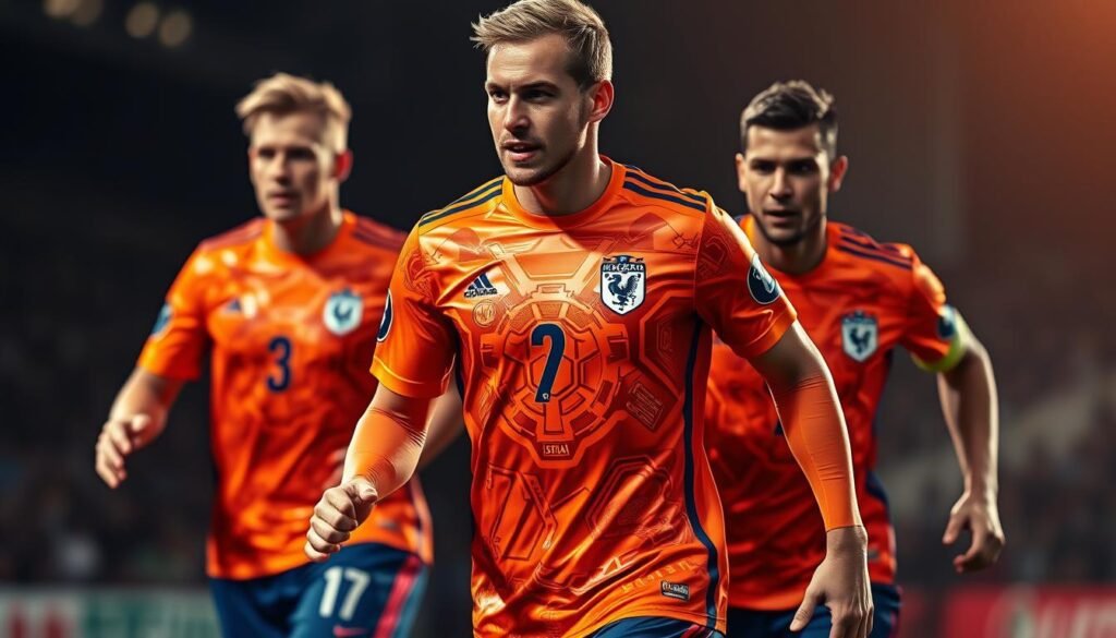 A Dutch national soccer team jersey in a vibrant orange hue, with a glossy, metallic finish that reflects the light. The jersey features a distinctive, futuristic pattern reminiscent of gears or cogs, evoking the "Mechanical Orange" nickname. The players are captured in a dynamic, action-packed pose, their expressions intense and focused. The lighting is dramatic, casting long shadows and highlighting the jersey's unique texture. The background is blurred, placing the emphasis on the jersey and the players' powerful physicality. The overall impression is one of technological innovation, speed, and the unstoppable force of the Dutch national team.