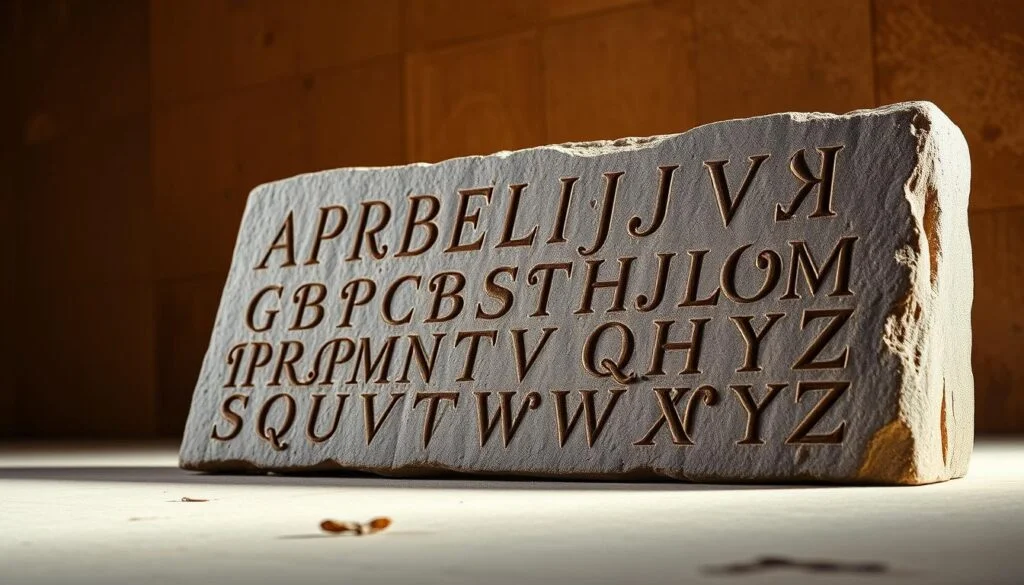 A ancient Greek alphabet carved into a stone tablet, set against a warm, earthy background. The letters are etched with precision, each one a distinct character in the elegant, flowing script. The tablet stands upright, illuminated by soft, diffused lighting that casts subtle shadows, highlighting the textures and depth of the carving. The overall composition has a sense of historical significance and scholarly reverence, perfectly capturing the origins of the Greek alphabet and its enduring influence. A ancient Greek alphabet carved into a stone tablet, set against a warm, earthy background. The letters are etched with precision, each one a distinct character in the elegant, flowing script. The tablet stands upright, illuminated by soft, diffused lighting that casts subtle shadows, highlighting the textures and depth of the carving. The overall composition has a sense of historical significance and scholarly reverence, perfectly capturing the origins of the Greek alphabet and its enduring influence.