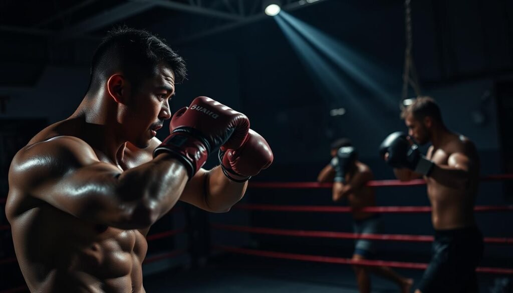 A boxing gym with intense training in session. In the foreground, a boxer performs a rapid series of jabs and crosses, their body tensed with concentration. Beams of light slice through the air, highlighting the sweat glistening on their skin. In the middle ground, other boxers shadowbox, their movements flowing and powerful. The background is a dimly lit studio, with heavy bags swaying and the faint sound of gloves hitting pads echoing off the walls. The atmosphere is one of focused determination, the fighters pushing themselves to the limit in pursuit of physical mastery. Dramatic low-key lighting casts dramatic shadows, emphasizing the athletic physiques and the intensity of the training. A boxing gym with intense training in session. In the foreground, a boxer performs a rapid series of jabs and crosses, their body tensed with concentration. Beams of light slice through the air, highlighting the sweat glistening on their skin. In the middle ground, other boxers shadowbox, their movements flowing and powerful. The background is a dimly lit studio, with heavy bags swaying and the faint sound of gloves hitting pads echoing off the walls. The atmosphere is one of focused determination, the fighters pushing themselves to the limit in pursuit of physical mastery. Dramatic low-key lighting casts dramatic shadows, emphasizing the athletic physiques and the intensity of the training.
