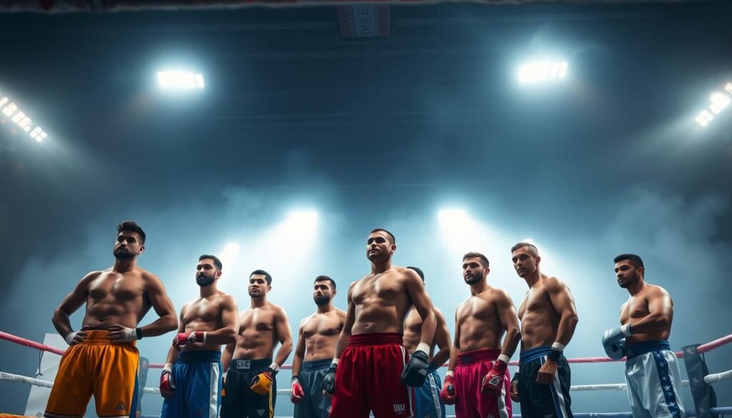A boxing ring with bright overhead lighting, captured from a low angle. Inside the ring, a row of male boxers in different weight class uniforms stand side by side, their muscular physiques evident. The background is hazy and out of focus, drawing the viewer's attention to the central figures. The boxers display a range of heights and builds, emphasizing the diversity of weight categories in the sport of boxing. The scene conveys a sense of power, competition, and the nuanced distinctions between weight classes. A boxing ring with bright overhead lighting, captured from a low angle. Inside the ring, a row of male boxers in different weight class uniforms stand side by side, their muscular physiques evident. The background is hazy and out of focus, drawing the viewer's attention to the central figures. The boxers display a range of heights and builds, emphasizing the diversity of weight categories in the sport of boxing. The scene conveys a sense of power, competition, and the nuanced distinctions between weight classes.