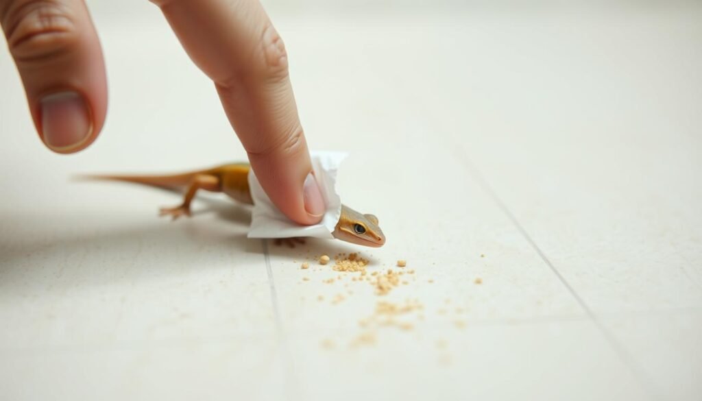 A bright and well-lit macro-style photograph of a person's hand carefully wiping a gecko's droppings off a smooth, light-colored tile floor. The droppings have distinct white specks. The hand is using a small paper towel or soft cloth, applying gentle pressure to lift and remove the fecal matter. The background is slightly out of focus, creating a clean, minimalist composition that draws the viewer's attention to the delicate cleaning process. The overall tone is one of attentiveness and care, emphasizing the importance of proper cleanup and hygiene when dealing with lizard waste. A bright and well-lit macro-style photograph of a person's hand carefully wiping a gecko's droppings off a smooth, light-colored tile floor. The droppings have distinct white specks. The hand is using a small paper towel or soft cloth, applying gentle pressure to lift and remove the fecal matter. The background is slightly out of focus, creating a clean, minimalist composition that draws the viewer's attention to the delicate cleaning process. The overall tone is one of attentiveness and care, emphasizing the importance of proper cleanup and hygiene when dealing with lizard waste.