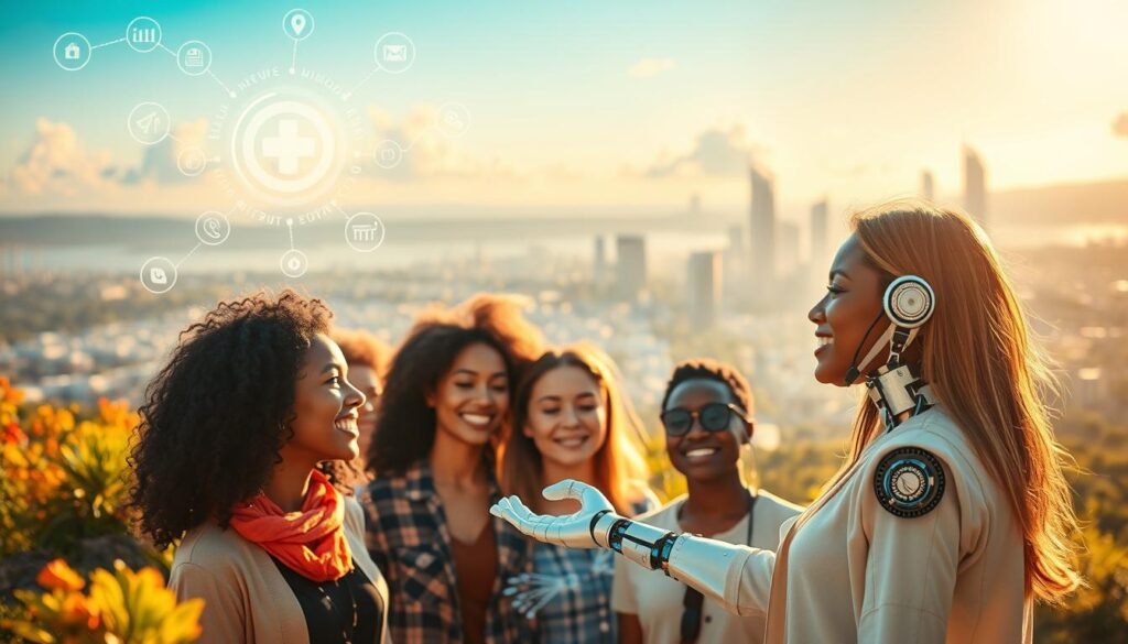 A bright, optimistic scene of artificial intelligence working in harmony with humanity to create a better world. In the foreground, a compassionate AI assistant extends a helping hand to a diverse group of people, their faces aglow with hope and wonder. The middle ground features innovative AI-powered technologies like medical diagnostics, sustainable energy solutions, and educational tools, all working in the service of human wellbeing. In the distant background, a futuristic cityscape shimmers with the promise of a more equitable, connected, and technologically-advanced society. Warm, natural lighting bathes the entire scene, conveying a sense of positivity, collaboration, and the triumph of ethical AI over the forces of darkness. The overall mood is one of possibility, progress, and the conviction that artificial intelligence can be a force for good. Representação visual da inteligência artificial atuando em harmonia com seres humanos para promover saúde, educação e bem-estar social.