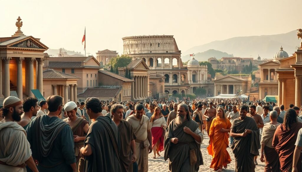 A bustling scene of ancient Roman life, showcasing the diversity of its people. In the foreground, a group of merchants and tradesmen, some speaking in accented Latin, others in their native tongues, negotiating deals and exchanging goods. In the middle ground, citizens of varying social classes stroll by, their clothing and mannerisms hinting at their origins. The background is a tapestry of Roman architecture - grand temples, modest dwellings, and the iconic Colosseum looming in the distance, illuminated by warm, golden sunlight filtering through a hazy sky. The overall atmosphere captures the vibrant, multicultural nature of the Roman civilization, where not everyone spoke the lingua franca of Latin. A bustling scene of ancient Roman life, showcasing the diversity of its people. In the foreground, a group of merchants and tradesmen, some speaking in accented Latin, others in their native tongues, negotiating deals and exchanging goods. In the middle ground, citizens of varying social classes stroll by, their clothing and mannerisms hinting at their origins. The background is a tapestry of Roman architecture - grand temples, modest dwellings, and the iconic Colosseum looming in the distance, illuminated by warm, golden sunlight filtering through a hazy sky. The overall atmosphere captures the vibrant, multicultural nature of the Roman civilization, where not everyone spoke the lingua franca of Latin.