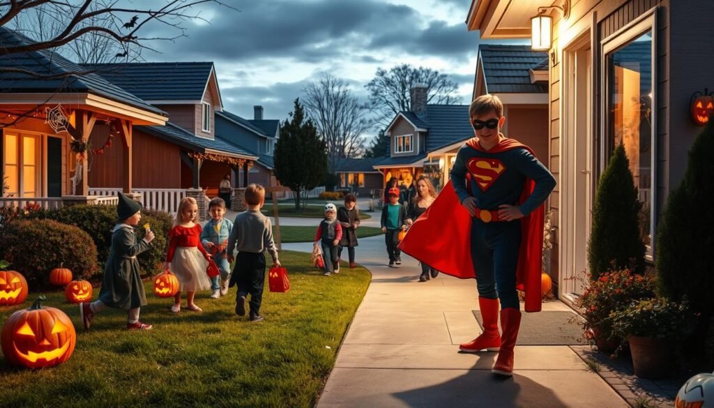 A bustling suburban neighborhood on a breezy All Hallows' Eve night. Costumed children scurry between decorated houses, clutching bags of treats. Jack-o'-lanterns glow warmly, casting an amber glow on the scene. Decorative cobwebs and paper bats adorn the homes, evoking the playful spirit of the holiday. A trick-or-treater, dressed as a superhero, stands boldly at a doorstep, enthusiastically reciting the timeless phrase "Trick or treat!" as the homeowner hands out candy. The image radiates a sense of nostalgia, community, and the enduring tradition of "Gostosuras ou Travessuras" that has become synonymous with Halloween.