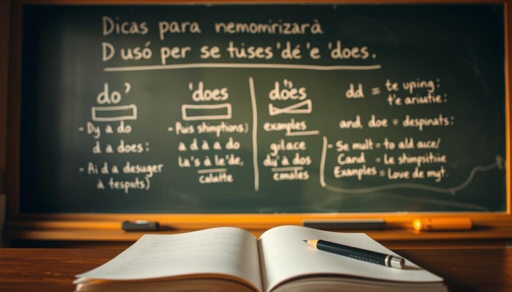 A chalkboard in a cozy classroom, with warm lighting casting a soft glow. On the board, a neatly written title "Dicas para memorizar o uso de 'do' e 'does'". Chalk diagrams illustrate the proper usage of these auxiliary verbs, with simple examples and mnemonic devices to aid understanding. In the foreground, an open notebook with handwritten notes and a mechanical pencil, suggesting an interactive learning environment. The overall scene conveys a sense of focus, clarity, and the joy of mastering a new language concept.