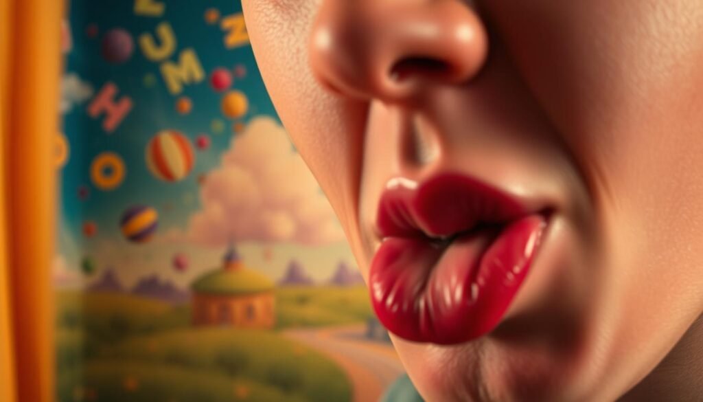 A challenging tongue twister scene, captured in a vibrant, whimsical style. In the foreground, a close-up view of a person's mouth, lips pursed in concentration, as they attempt to enunciate a complex phrase. Blurred in the middle ground, colorful shapes and patterns swirl, representing the mental gymnastics required. The background depicts a surreal, dreamlike landscape, with floating letters and playful typographic elements, evoking the playful yet demanding nature of the tongue twister. Warm, soft lighting casts a cozy, intimate atmosphere, emphasizing the personal struggle of overcoming this linguistic hurdle. The overall composition and styling convey a sense of fun, creativity, and the joy of language.