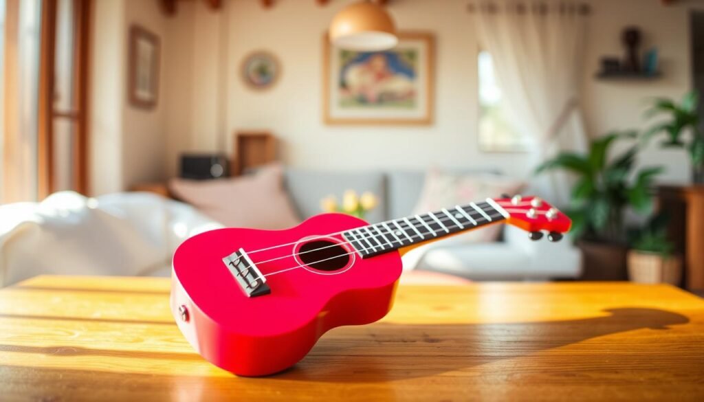 A cheerful, vibrant image of a musical instrument that is easy to play, set against a warm, inviting background. In the foreground, a brightly colored, simple-to-learn instrument, such as a ukulele or a recorder, rests on a wooden surface, bathed in natural light. The middle ground features a casual, relaxed scene, perhaps with a person's hands holding the instrument, demonstrating its user-friendly nature. The background showcases a cozy, homey environment, with soft, neutral tones and hints of greenery, creating a welcoming, inviting atmosphere. The overall composition conveys a sense of approachability, emphasizing the accessibility and enjoyment of playing this particular musical instrument. Ukulele colorido sobre mesa de madeira em ambiente acolhedor, simbolizando a facilidade de aprender música.
