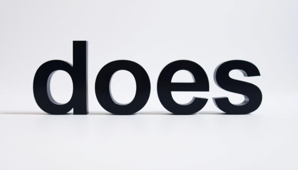 A clean, minimalist image of a stylized "does" word in a prominent position, surrounded by a neutral, slightly out-of-focus background. The "does" should be rendered in a modern, geometric sans-serif font with clean lines and sharp edges, conveying a sense of clarity and precision. The lighting should be soft and diffused, creating a subtle sense of depth and dimensionality. The overall mood should be calm, professional, and educational, reflecting the informative nature of the article section.