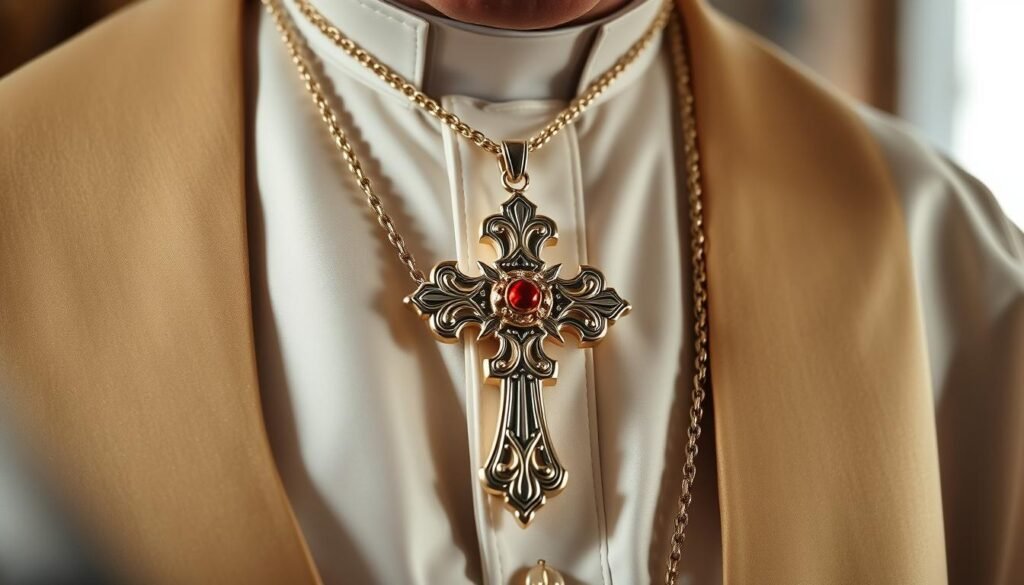 A close-up, high-resolution photograph of a detailed, ornate pectoral cross worn by a Catholic Pope or bishop. The cross is made of gleaming gold or silver, with intricate filigree and gemstone accents. It hangs prominently in the center of the subject's chest, the focal point of the image. The lighting is soft and flattering, with subtle shadows that accentuate the textures and craftsmanship. The background is blurred and out of focus, keeping the pectoral cross as the sole subject of the photograph. The overall mood is one of reverence, elegance, and the rich tradition of Catholic liturgical attire. A close-up, high-resolution photograph of a detailed, ornate pectoral cross worn by a Catholic Pope or bishop. The cross is made of gleaming gold or silver, with intricate filigree and gemstone accents. It hangs prominently in the center of the subject's chest, the focal point of the image. The lighting is soft and flattering, with subtle shadows that accentuate the textures and craftsmanship. The background is blurred and out of focus, keeping the pectoral cross as the sole subject of the photograph. The overall mood is one of reverence, elegance, and the rich tradition of Catholic liturgical attire.