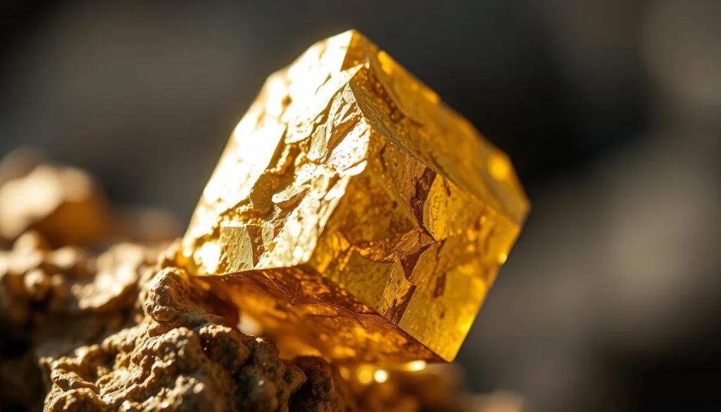 A close-up, macro shot of a pyrite (FeS2) mineral specimen, capturing its stunning golden-brass hue and distinctive cubic crystal structure. The pyrite is illuminated from the side, casting dramatic shadows that accentuate its faceted surfaces and sharp edges. The background is blurred, placing the focus solely on the captivating, gem-like beauty of the pyrite. The lighting is natural and soft, revealing the intricate details and lustrous sheen of the mineral. The angle is slightly elevated, allowing the viewer to admire the pyrite's three-dimensional form and appreciate its alluring, deceptive resemblance to gold. Close-up de um cristal de pirita com brilho dourado e estrutura cúbica, destacando sua aparência semelhante ao ouro.