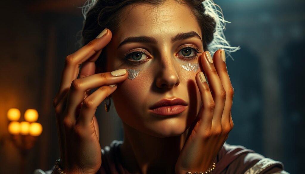 A close-up portrait of a Roman woman applying lead-based makeup to her face, set against a dimly lit, atmospheric interior with hints of ancient Roman architecture in the background. The woman's expression is contemplative, her movements graceful and deliberate as she carefully applies the heavy, metallic cosmetics. A subtle warm lighting casts dramatic shadows across her features, evoking the opulent yet potentially hazardous nature of this ancient beauty ritual. The overall scene conveys a sense of timeless elegance and the intricate cultural practices of high-status women in the Roman era. A close-up portrait of a Roman woman applying lead-based makeup to her face, set against a dimly lit, atmospheric interior with hints of ancient Roman architecture in the background. The woman's expression is contemplative, her movements graceful and deliberate as she carefully applies the heavy, metallic cosmetics. A subtle warm lighting casts dramatic shadows across her features, evoking the opulent yet potentially hazardous nature of this ancient beauty ritual. The overall scene conveys a sense of timeless elegance and the intricate cultural practices of high-status women in the Roman era.