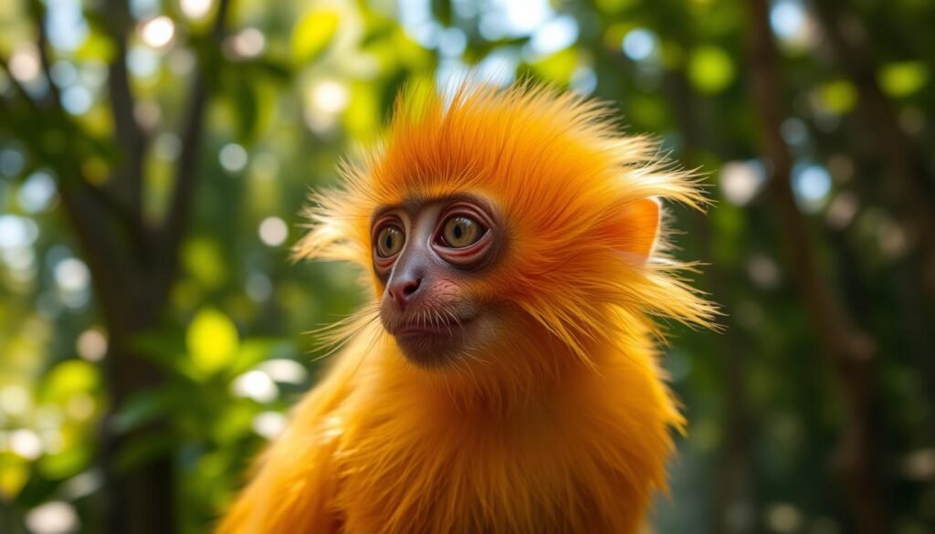 A close-up portrait of a golden lion tamarin (Leontopithecus rosalia), a small, endangered primate native to the Atlantic Forest of Brazil. The tamarin's striking golden-orange fur glistens in warm, directional lighting, showcasing its distinctive facial features and large expressive eyes. The background is a lush, verdant forest with dappled sunlight filtering through the canopy, creating a sense of natural habitat and wonder. The image conveys the beauty, rarity, and etymology of this "golden lion" monkey's name, highlighting why it is considered a treasured species of the Brazilian Atlantic rainforest.
