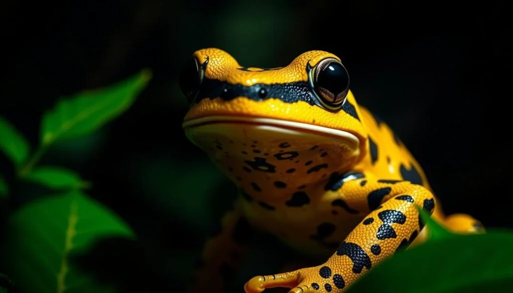 A close-up portrait of the world's most venomous frog, the Brazilian golden poison frog, set against a dimly lit, lush rainforest backdrop. The frog's vibrant yellow and black skin glistens under soft, dramatic lighting, showcasing its intricate, textured appearance. The frog's intense, piercing gaze commands attention, conveying the potent danger it poses. The image is captured with a shallow depth of field, isolating the frog in sharp focus while the surrounding foliage fades into a soft, atmospheric blur. An aura of mystery and trepidation permeates the scene, emphasizing the frog's deadly reputation as one of nature's most lethal creatures. A close-up portrait of the world's most venomous frog, the Brazilian golden poison frog, set against a dimly lit, lush rainforest backdrop. The frog's vibrant yellow and black skin glistens under soft, dramatic lighting, showcasing its intricate, textured appearance. The frog's intense, piercing gaze commands attention, conveying the potent danger it poses. The image is captured with a shallow depth of field, isolating the frog in sharp focus while the surrounding foliage fades into a soft, atmospheric blur. An aura of mystery and trepidation permeates the scene, emphasizing the frog's deadly reputation as one of nature's most lethal creatures.