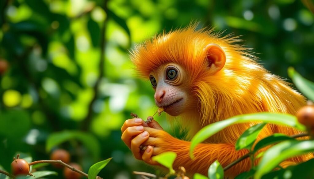 A close-up shot of a golden lion tamarin (Leontopithecus rosalia) foraging for food in the lush, verdant foliage of the Atlantic Forest. The primate's vibrant golden fur shimmers in the dappled sunlight filtering through the canopy, its small nimble fingers delicately plucking ripe fruits and insects from the surrounding vegetation. The scene captures the tamarin's natural feeding behavior, with the middle ground focused on the animal's inquisitive expression and the background blurred to emphasize the rich, biodiverse habitat it calls home.