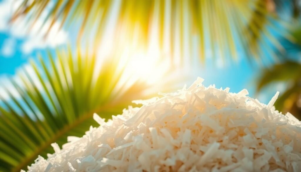 A close-up shot of freshly grated coconut shreds (coco ralado) against a bright, vibrant tropical background. The coconut flakes are piled in the foreground, with a soft, warm light illuminating their delicate, white texture. In the middle ground, lush green leaves and fronds of a palm tree sway gently, hinting at the tropical setting. The background is a blurred, dreamy landscape of azure skies and golden sun, creating a sense of warmth and paradise. The overall composition and lighting evoke the joy, freshness, and indulgence of this beloved tropical fruit. Imagem de coco ralado em destaque, com folhas de palmeira ao fundo e luz tropical suave. Ilustração perfeita para conteúdos sobre a diferença entre coco, côco ou cocô.