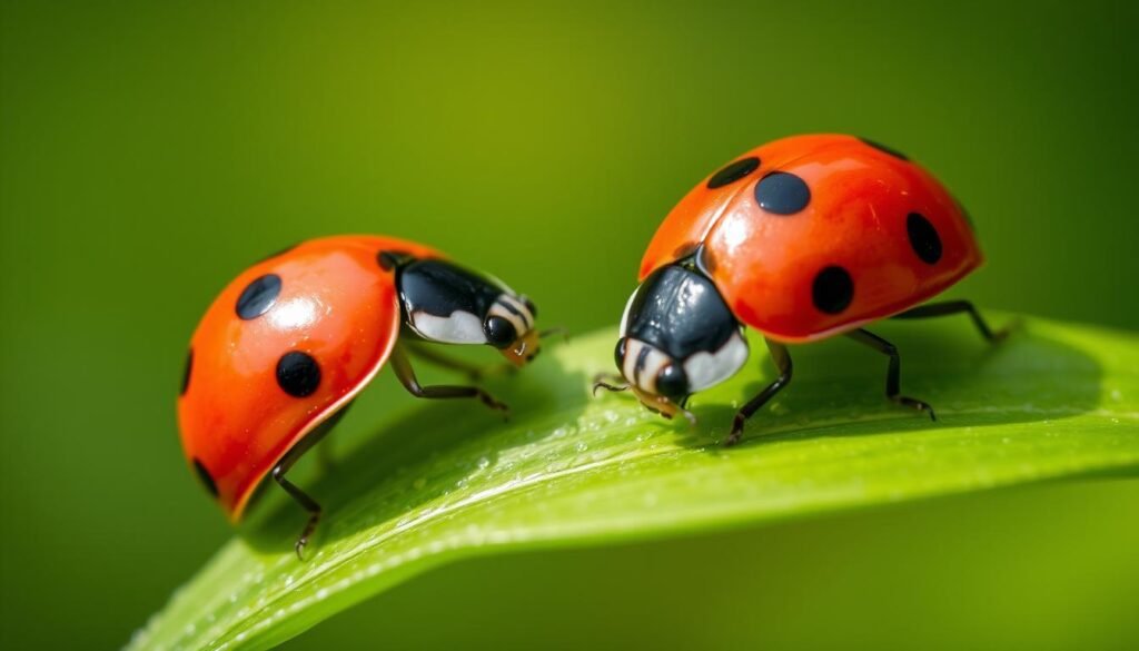 A close-up shot of two vibrant ladybugs, also known as "mariquitas," resting on a lush green leaf. The insects' distinctive red shells with black spots are captured in striking detail, their rounded bodies casting soft shadows. The lighting is natural and diffused, creating a serene, almost ethereal atmosphere. The background is blurred, allowing the ladybugs to take center stage and highlighting their delicate, intricate features. The overall composition evokes a sense of wonder and appreciation for these small, fascinating creatures.