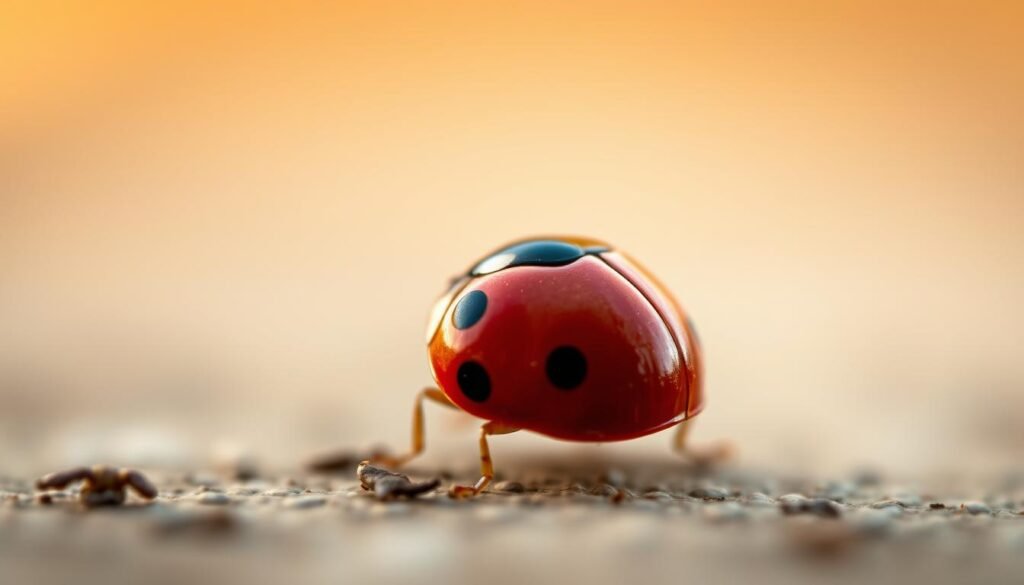A close-up view of a curious ladybug, its vibrant red shell and distinctive black spots standing out against a soft, blurred background. The insect is captured mid-motion, one of its tiny legs extended, as if examining its surroundings with a sense of wonder. The lighting is warm and diffused, creating a sense of intimacy and highlighting the delicate textures of the ladybug's body. The composition is balanced, drawing the viewer's eye to the intricate details of this tiny, yet fascinating creature. The overall mood is one of discovery and enchantment, inviting the viewer to appreciate the hidden wonders of the natural world.
