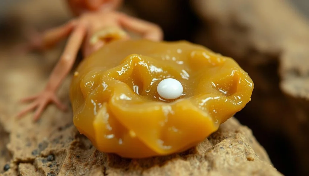 A close-up view of a gecko's fecal matter, with a distinctive white speck prominently featured. The stool appears moist and glistening, resting on a natural surface such as a rock or leaf. The background is softly blurred, allowing the excrement to be the central focus. Bright, even lighting illuminates the scene, casting minimal shadows and highlighting the textural details of the waste. The overall composition emphasizes the scientific curiosity and desire to understand the intriguing white dot within the gecko's droppings. A close-up view of a gecko's fecal matter, with a distinctive white speck prominently featured. The stool appears moist and glistening, resting on a natural surface such as a rock or leaf. The background is softly blurred, allowing the excrement to be the central focus. Bright, even lighting illuminates the scene, casting minimal shadows and highlighting the textural details of the waste. The overall composition emphasizes the scientific curiosity and desire to understand the intriguing white dot within the gecko's droppings.