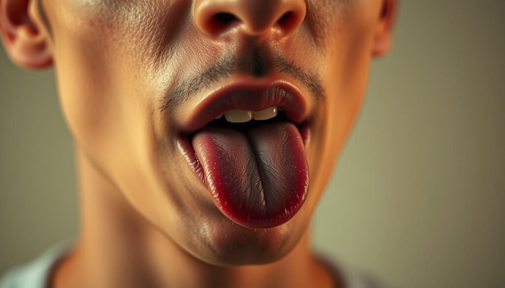 A close-up view of a person's mouth, tongue, and lips, set against a blurred background. The subject is carefully enunciating the syllables of a complex Portuguese tongue twister, their face in a focused, determined expression. Soft, warm lighting illuminates the scene, creating a sense of intimacy and concentration. The image conveys the challenge and nuance of mastering the rhythmic, alliterative phrases of a trava-línguas, hinting at the complexities of the Portuguese language and the mental dexterity required to speak it fluently.