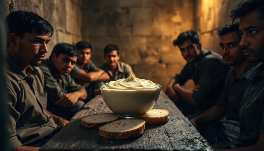 A close-up view of a prison cell interior, with a dim, warm lighting casting shadows across the worn concrete walls. In the foreground, a group of inmates sit around a makeshift table, their faces etched with a sense of camaraderie and contemplation. On the table, a bowl of thick, creamy mayonnaise sits, surrounded by slices of bread, evoking the origins of the expression "viajar na maionese" (to travel in mayonnaise), which refers to the practice of using mayonnaise as a means of intoxication in prison environments. The scene conveys a sense of gritty realism, reflecting the harsh conditions and innovative survival tactics that gave rise to this unique cultural phenomenon. A close-up view of a prison cell interior, with a dim, warm lighting casting shadows across the worn concrete walls. In the foreground, a group of inmates sit around a makeshift table, their faces etched with a sense of camaraderie and contemplation. On the table, a bowl of thick, creamy mayonnaise sits, surrounded by slices of bread, evoking the origins of the expression "viajar na maionese" (to travel in mayonnaise), which refers to the practice of using mayonnaise as a means of intoxication in prison environments. The scene conveys a sense of gritty realism, reflecting the harsh conditions and innovative survival tactics that gave rise to this unique cultural phenomenon.