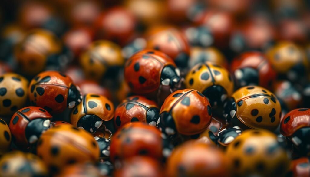 A close-up view of a vibrant array of ladybugs, each with a distinct pattern of spots adorning their shiny, domed carapaces. The foreground is sharply focused, showcasing the intricate details and textures of the ladybugs' bodies, while the background gently blurs into a soft, muted palette of complementary colors, creating a sense of depth and emphasis on the captivating insects. The lighting is soft and diffused, casting a warm, natural glow that accentuates the vibrant hues and glossy finish of the ladybugs. The camera angle is slightly elevated, providing an intimate and engaging perspective that invites the viewer to study the fascinating diversity of these small, charming creatures.