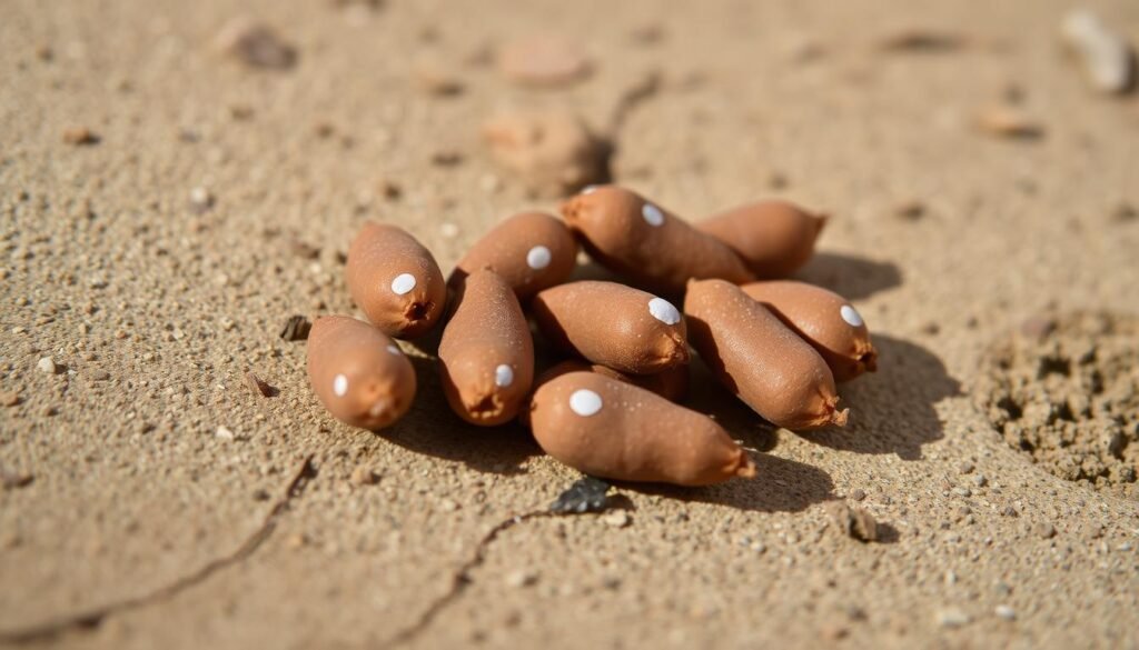 A close-up view of several gecko droppings resting on a smooth, earthy surface. The feces are oblong in shape, with distinctive white speckles dotting their surface. The lighting is natural and soft, casting subtle shadows that accentuate the texture and form of the waste. The background is slightly blurred, allowing the droppings to be the focal point of the image. The overall mood is one of scientific curiosity and attention to detail, inviting the viewer to examine the intriguing characteristics of this unique biological specimen. A close-up view of several gecko droppings resting on a smooth, earthy surface. The feces are oblong in shape, with distinctive white speckles dotting their surface. The lighting is natural and soft, casting subtle shadows that accentuate the texture and form of the waste. The background is slightly blurred, allowing the droppings to be the focal point of the image. The overall mood is one of scientific curiosity and attention to detail, inviting the viewer to examine the intriguing characteristics of this unique biological specimen.