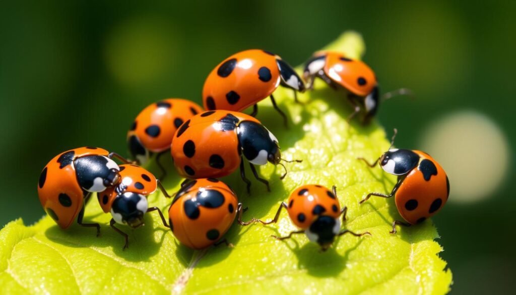 A close-up view of several ladybugs (Coccinellidae) in a natural setting, showcasing their defensive behaviors. The ladybugs are positioned on a lush green leaf, with their distinctive spotted shells reflecting the warm, dappled sunlight filtering through the foliage. Some ladybugs appear to be in a defensive posture, with their heads tucked in and their legs gripping the leaf tightly, while others are moving cautiously, their antennae alert for any signs of danger. The background is blurred, emphasizing the focus on the ladybugs' intricate details and their defensive actions. The image conveys a sense of the ladybugs' resilience and adaptability in the face of potential threats, reflecting the section's theme of "How do ladybugs defend themselves from predators?"