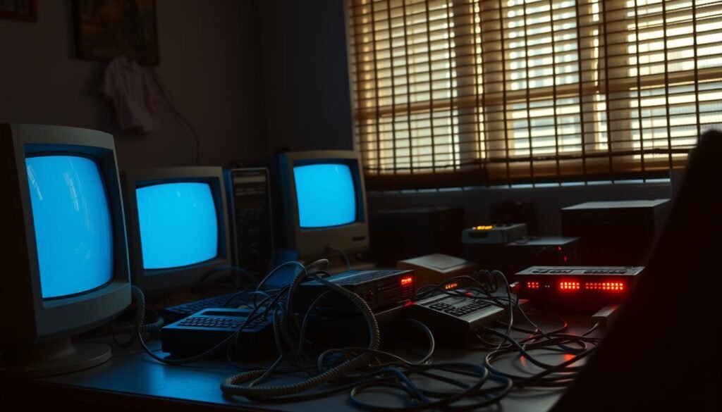 A cluttered desk in a dimly lit room, the faint glow of CRT monitors casting an eerie blue hue. On the surface, an array of vintage modems, their blinking LED lights signaling the struggle to establish a connection. Tangled telephone cables snake across the desktop, a relic of the bygone era of dial-up internet. The atmosphere is one of nostalgic unease, a reminder of the laborious process of accessing the digital world in the mid-1990s. Ambient light filters through dusty venetian blinds, casting long shadows and adding to the sense of time-worn solitude. This scene captures the essence of the internet's humble beginnings, when connectivity was an adventure fraught with uncertainty and anticipation. mesa com monitores antigos e modens dos anos 90 em ambiente escuro