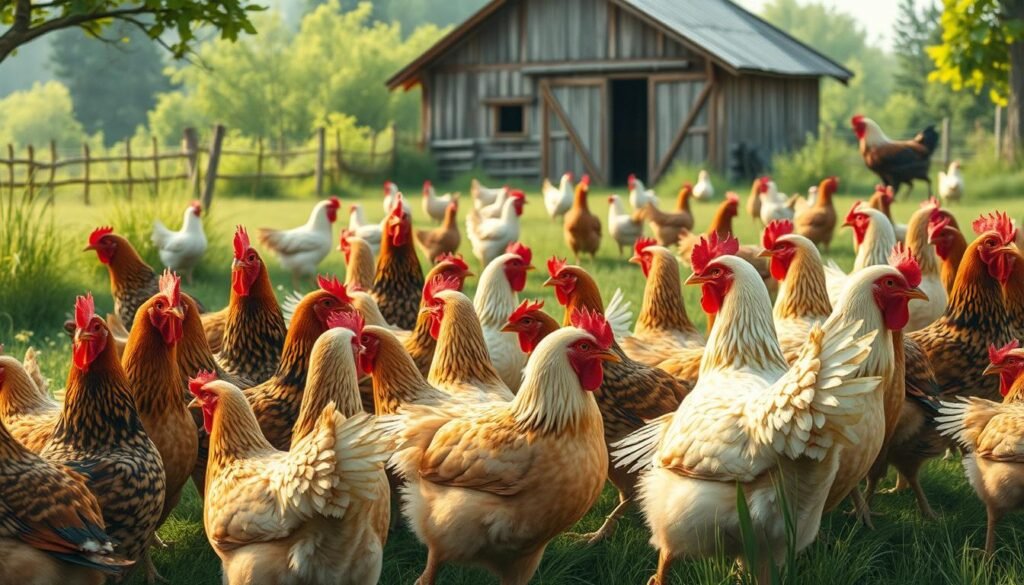 A complex social hierarchy among a flock of hens, captured in a naturalistic, documentary-style illustration. The foreground depicts a group of chickens displaying a range of body language and interactions, with a clear pecking order visible. The middle ground shows the flock moving through a lush, verdant farmyard setting, with a rustic barn or coop in the background. The lighting is soft and natural, evoking a warm, earthy tone. The composition emphasizes the intricate social dynamics of the chickens, inviting the viewer to observe and understand their sophisticated social structure.