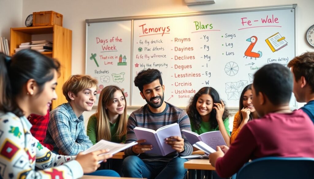 A cozy and vibrant classroom scene, with a whiteboard in the background displaying colorful mnemonics and visuals to help memorize the days of the week in English. In the foreground, a group of diverse students intently studying the material, utilizing playful memory techniques like rhymes, associations, and gestures. The lighting is soft and warm, creating an inviting and educational atmosphere. The composition is balanced, with the students and the whiteboard elements complementing each other to produce an engaging and visually appealing illustration of the section's topic.