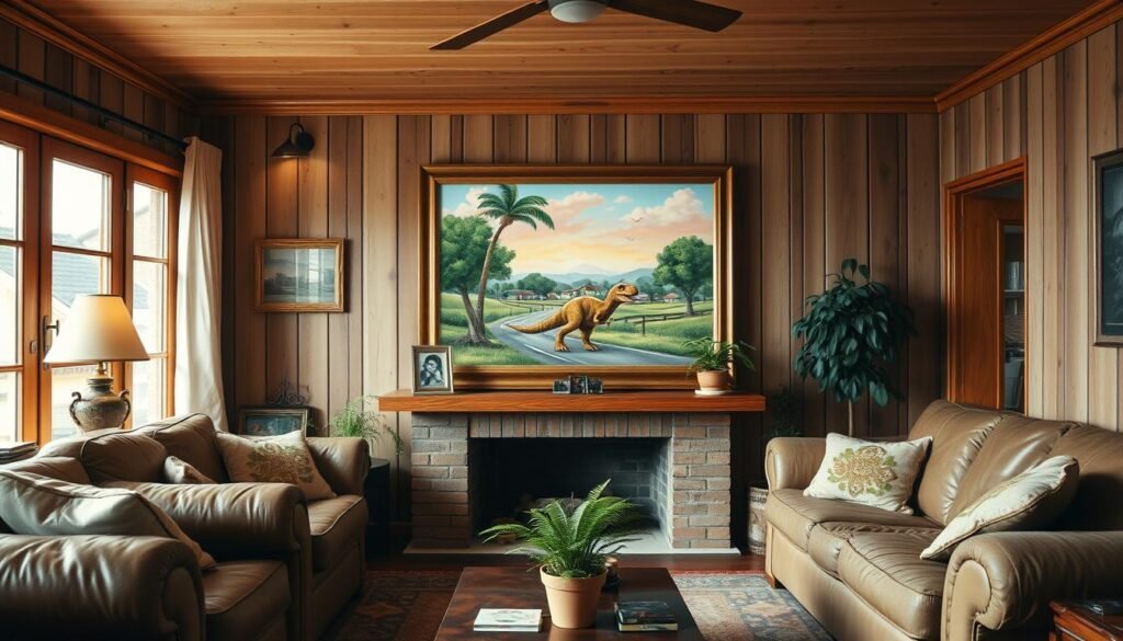 A cozy living room in the 1990s, filled with warm, soft lighting. In the center, a vibrant, framed "quadro personalizado" depicting a playful dinosaur casually strolling down a winding suburban road, surrounded by lush greenery and a pastel sky. The painting is displayed prominently on a wooden mantelpiece, with family photos and potted plants complementing the homely scene. Textures of worn leather couches, plush carpets, and distressed wood paneling create a nostalgic, inviting atmosphere. The image captures the widespread popularity and charm of this beloved Brazilian artwork during a bygone era of domestic decor. Descubra a origem do famoso quadro “Dinossauro na Estrada” e conheça o artista suíço, criador da obra que marcou os anos 90.