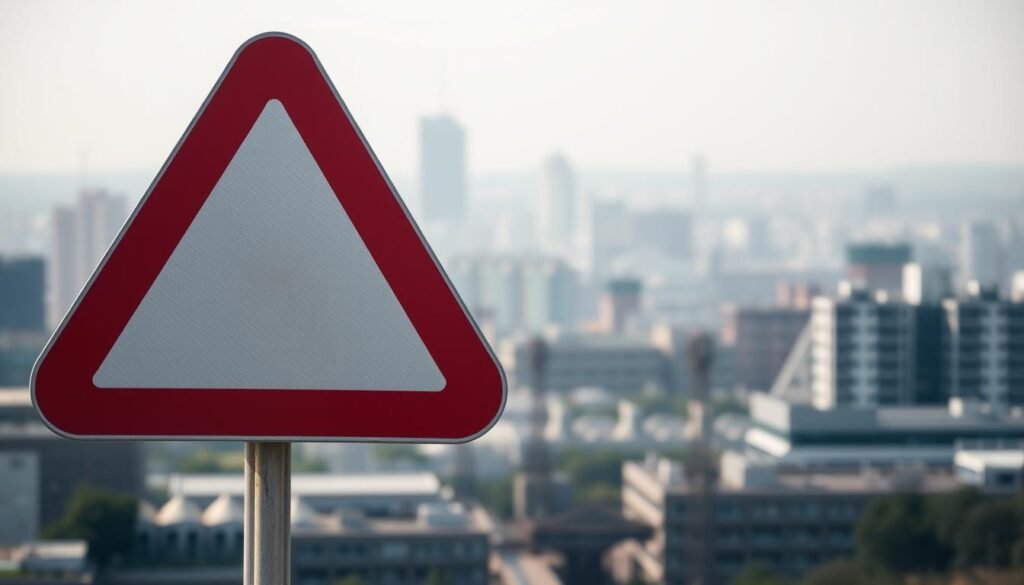 A crisp, high-resolution photograph of a triangular road sign against a blurred urban backdrop. The sign is positioned in the foreground, its red border and white interior standing out sharply. The sign's iconic shape and simple design convey a sense of order and direction. The mid-ground features a hazy cityscape of buildings and infrastructure, suggesting a bustling metropolitan environment. The lighting is natural, with soft shadows adding depth and dimension to the scene. The overall composition guides the viewer's eye towards the prominent triangular symbol, inviting them to consider its purpose and significance within the broader context of the city.