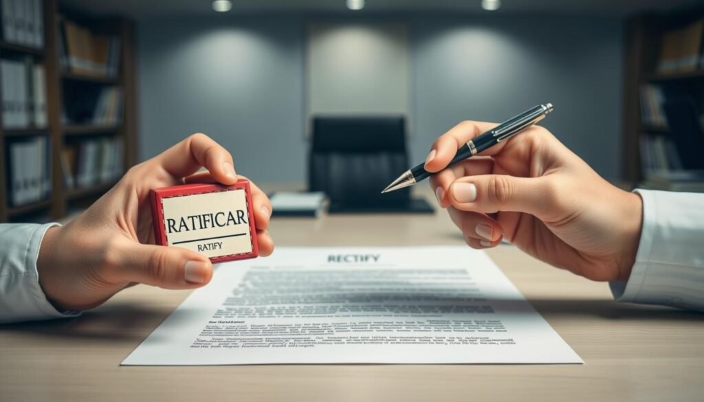 A crisp, well-lit image depicting the differences between "ratificar" and "retificar". In the foreground, two hands, one holding a stamp marked "RATIFY" and the other holding a pen, symbolizing the act of "RECTIFY". In the middle ground, a document or contract, with one section marked "RATIFY" and another section marked "RECTIFY". The background should have a clean, professional office setting, with bookshelves, a desk, and subtle lighting to convey a sense of authority and precision. The overall mood should be one of clarity, organization, and attention to detail, reflecting the importance of understanding the distinction between these two critical legal terms.