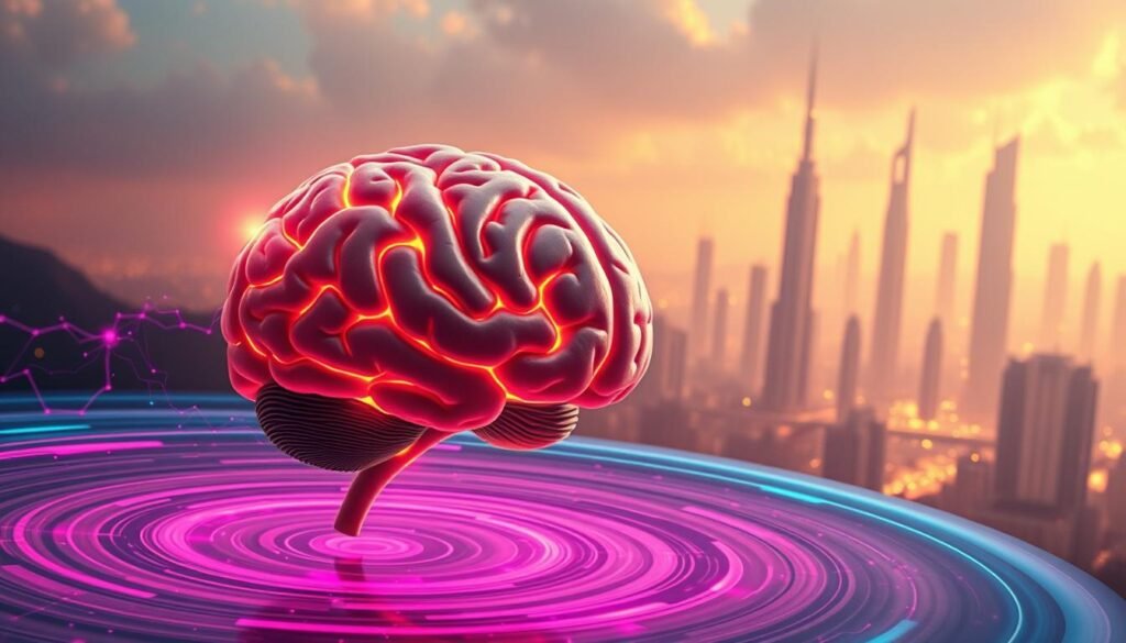 A curious brain with a futuristic, sci-fi aesthetic. In the foreground, a detailed, anatomically accurate human brain floats in a pool of swirling, neon-colored energy. The brain emits a soft, pulsing glow, hinting at its ability to predict the future. In the middle ground, a network of intricate neural pathways and synapses weave through the scene, connecting the brain to an unknown, technological landscape. In the background, a cityscape of towering, futuristic structures bathed in a warm, atmospheric light, suggesting the profound impact of the brain's predictive capabilities on the world to come. The overall mood is one of wonder, mystery, and the boundless potential of the human mind. A curious brain with a futuristic, sci-fi aesthetic. In the foreground, a detailed, anatomically accurate human brain floats in a pool of swirling, neon-colored energy. The brain emits a soft, pulsing glow, hinting at its ability to predict the future. In the middle ground, a network of intricate neural pathways and synapses weave through the scene, connecting the brain to an unknown, technological landscape. In the background, a cityscape of towering, futuristic structures bathed in a warm, atmospheric light, suggesting the profound impact of the brain's predictive capabilities on the world to come. The overall mood is one of wonder, mystery, and the boundless potential of the human mind.