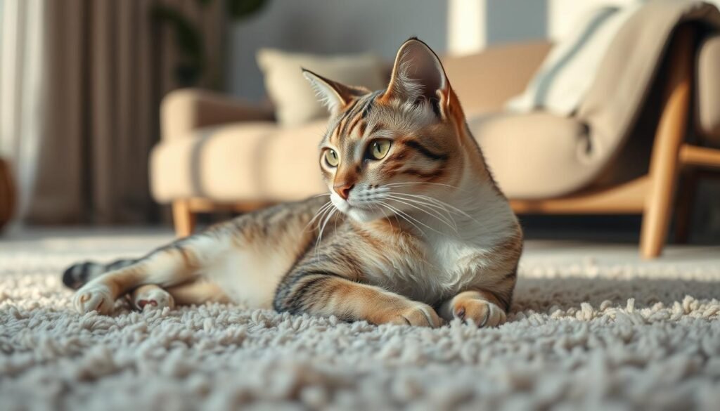 A curious housecat lounging on a soft, plush rug, its head cocked to the side as it observes its surroundings with keen, intelligent eyes. The feline's sleek, well-groomed fur shines in the warm, indirect lighting, casting subtle shadows that accentuate its elegant features. In the background, a minimalist, cozy living space with muted colors and natural textures creates a serene, inviting atmosphere, reflecting the comfort and companionship of the domestic cat. The composition is balanced, with the cat positioned as the focal point, capturing the essence of the "Curiosidades gato doméstico" subject. Gato doméstico curioso deitado em um tapete macio, com a cabeça inclinada e olhar atento.