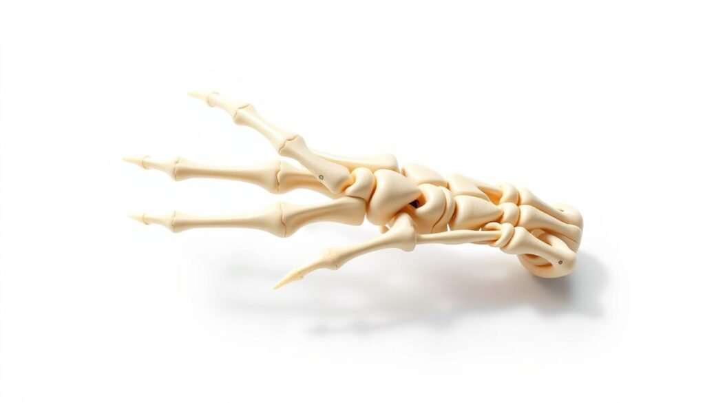 A detailed anatomical illustration of the carpal bones, the small interconnected bones in the wrist. Rendered in a realistic, scientific style with a neutral, clinical aesthetic. The carpal bones are shown in a three-quarter view, arranged against a plain, light-colored background to emphasize the intricate, puzzle-like structure. Lighting is even and diffuse, creating soft shadows that highlight the contours and textures of the bones. The composition is balanced and symmetrical, allowing the viewer to clearly study the shape, size, and relationships of the individual carpal bones. Overall, the image conveys a sense of precision, function, and the complex engineering of the human hand.