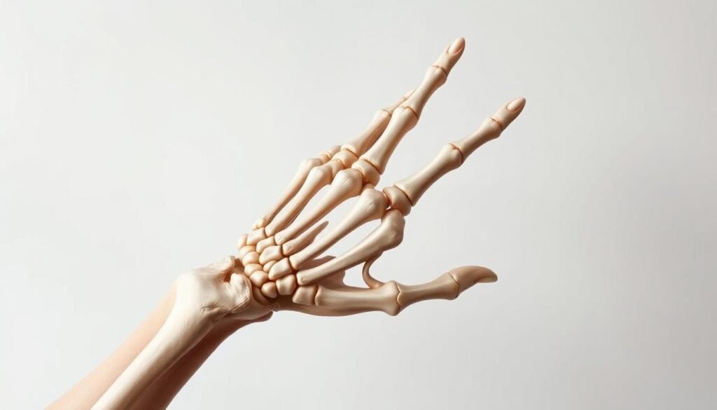 A detailed, anatomical illustration of the hand phalanges, showcased against a neutral, minimalist background. The phalanges are rendered with precise, clean lines and shading, highlighting their intricate bone structure and individual segments. The lighting is soft and natural, casting subtle shadows to accentuate the form and depth. The composition places the phalanges in the center, allowing the viewer to focus on their unique anatomy and understand the concept of "falanges da mão". The overall mood is one of clarity, education, and scientific interest, suitable for an informative article on the bones of the hand.