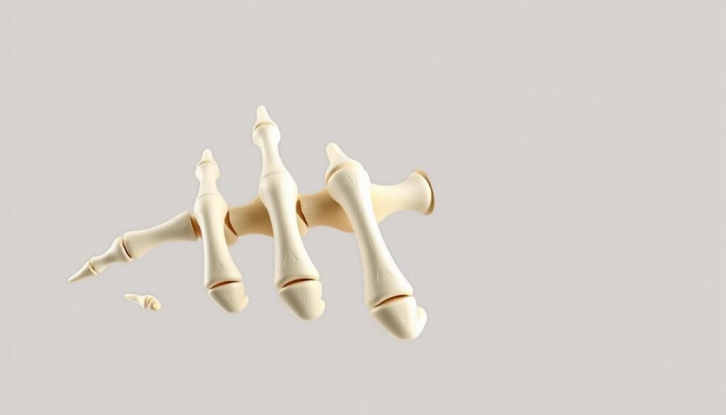 A detailed anatomical illustration of the metacarpal bones, showcasing their intricate structure and positioning within the human hand. The image should feature a close-up view, highlighting the distinct shapes and articulations of the five metacarpal bones. Render the bones in a neutral, off-white tone against a clean, minimalist background, allowing the viewer to focus on the subtle details and spatial relationships. Employ a soft, directional lighting to accentuate the three-dimensional form and create a sense of depth and volume. Capture the metacarpals from a slightly elevated angle, providing a clear, unobstructed view of their dorsal and palmar surfaces. Convey a sense of scientific precision and educational value, suitable for inclusion in an anatomical reference guide.