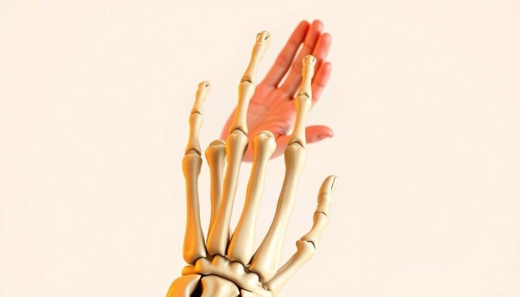 A detailed anatomical illustration showcasing the intricate bones of the human hand. The foreground prominently features the bones labeled in a clear, legible font, with crisp linework and high contrast to emphasize the key structures. The middle ground shows the hand in a natural, relaxed pose, rendered in a soft, realistic style that captures the delicate skin and subtle skin tones. The background is a neutral, clean space, allowing the hand anatomy to be the central focus. Warm, balanced lighting casts gentle shadows, enhancing the three-dimensional form. The overall tone is educational yet visually striking, designed to aid in the study and understanding of the hand's skeletal structure.