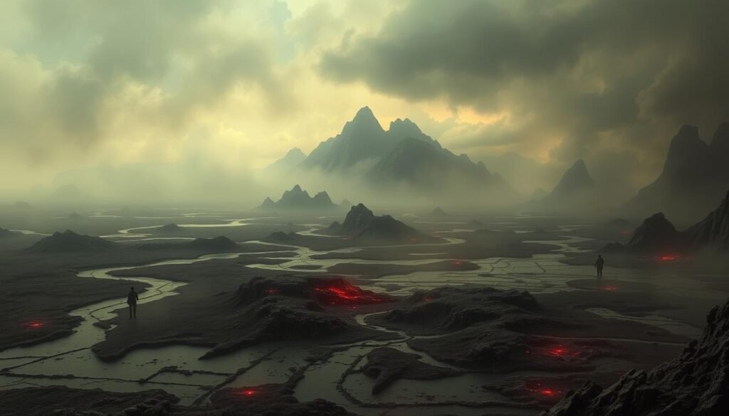 A detailed and realistic map of the Fifth Circle of Hell, as depicted in Dante's Inferno. The landscape is a vast, desolate expanse of murky marshes and stagnant waters, shrouded in an eerie, otherworldly mist. Ominous mountains loom in the distance, their jagged peaks piercing the gloomy sky. Wretched souls, trapped in the mire, struggle and writhe, their anguished cries echoing through the bleak atmosphere. The scene is illuminated by a dim, sickly light, casting an ominous glow over the harrowing tableau. Subtle, realistic textures and shading lend the image a sense of depth and realism, drawing the viewer into this hellish realm. Câmara subterrânea antiga e sombria com paredes de pedra desgastadas e atmosfera misteriosa, destacando um pentagrama brilhante no chão.