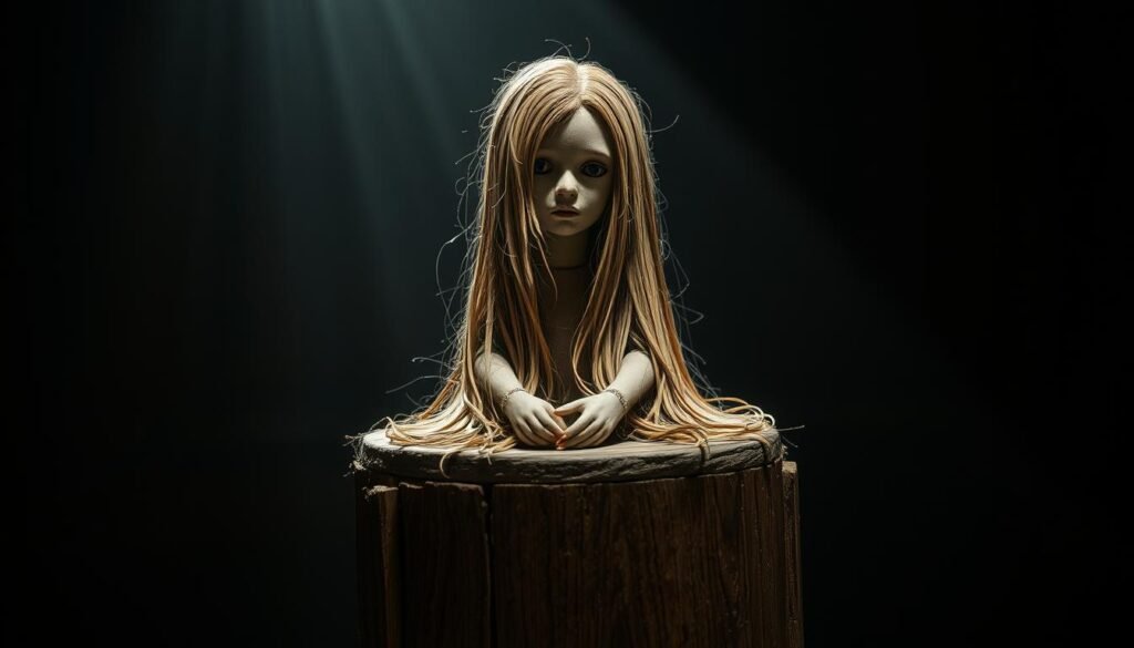 A detailed archaeological discovery in a dimly lit chamber, featuring an ancient ceramic doll with long, flowing human hair cascading down its porcelain face. The artifact sits atop a weathered, wooden pedestal, casting an eerie, ethereal glow under soft, directional lighting. The background is shrouded in deep, moody shadows, emphasizing the doll's haunting, yet captivating presence. The composition is balanced, with the doll positioned centrally, drawing the viewer's gaze to its striking, unsettling features. The overall atmosphere is one of reverence, mystery, and a sense of uncovering a long-forgotten relic from the past. A detailed archaeological discovery in a dimly lit chamber, featuring an ancient ceramic doll with long, flowing human hair cascading down its porcelain face. The artifact sits atop a weathered, wooden pedestal, casting an eerie, ethereal glow under soft, directional lighting. The background is shrouded in deep, moody shadows, emphasizing the doll's haunting, yet captivating presence. The composition is balanced, with the doll positioned centrally, drawing the viewer's gaze to its striking, unsettling features. The overall atmosphere is one of reverence, mystery, and a sense of uncovering a long-forgotten relic from the past.