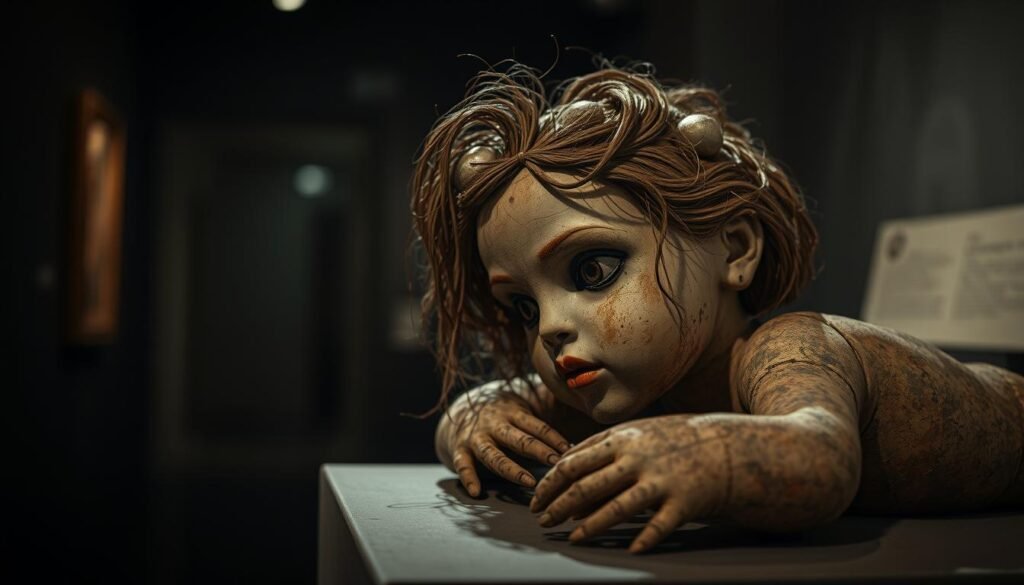 A detailed ceramic doll from a distant past, aged and weathered, resting on a pedestal in a dimly lit museum setting. The doll's features are exquisitely sculpted, with haunting eyes and delicate strands of human hair adorning its head. Soft, dramatic lighting casts shadows, highlighting the artifact's intricate textures and evoking a sense of somber contemplation. The scene is captured with a medium-depth lens, allowing the doll to be the clear focal point, while the background remains slightly blurred, drawing the viewer's gaze inward. An atmosphere of mystery and unsettling antiquity permeates the image, inviting the observer to ponder the doll's peculiar and unsettling origins. A detailed ceramic doll from a distant past, aged and weathered, resting on a pedestal in a dimly lit museum setting. The doll's features are exquisitely sculpted, with haunting eyes and delicate strands of human hair adorning its head. Soft, dramatic lighting casts shadows, highlighting the artifact's intricate textures and evoking a sense of somber contemplation. The scene is captured with a medium-depth lens, allowing the doll to be the clear focal point, while the background remains slightly blurred, drawing the viewer's gaze inward. An atmosphere of mystery and unsettling antiquity permeates the image, inviting the observer to ponder the doll's peculiar and unsettling origins.