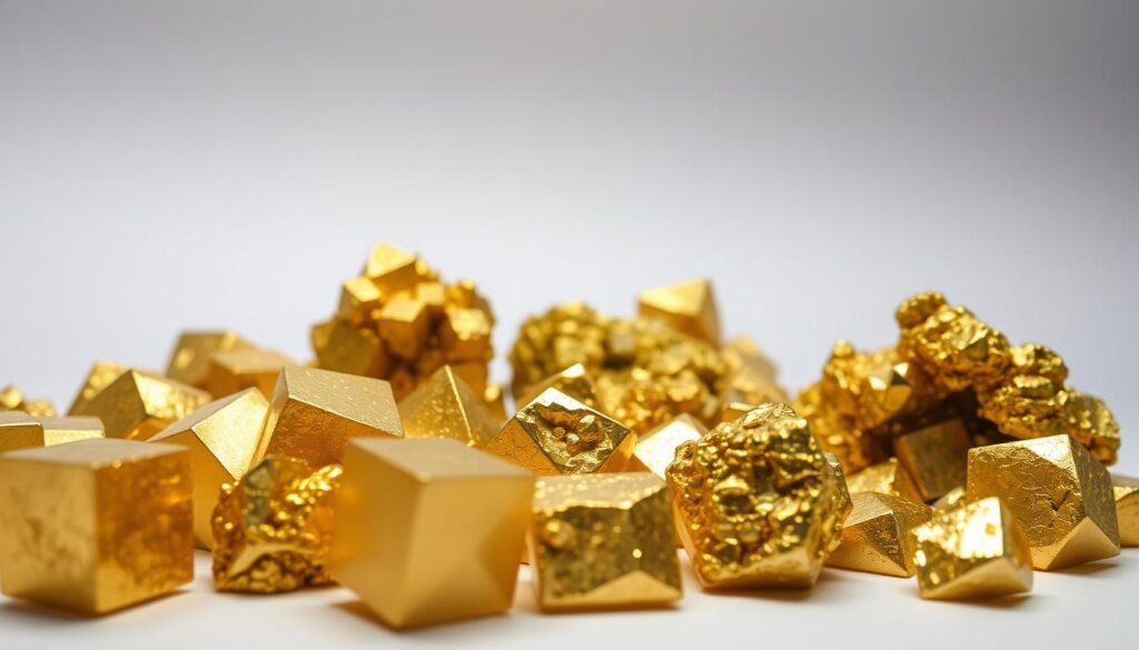 A detailed close-up of pyrite (fool's gold) mineral specimens, showcasing their distinctive golden-yellow metallic luster and cubic crystal structures. The foreground features several polished pyrite cubes with sharp edges and corners, capturing the mineral's characteristic brilliance and light reflections. The middle ground presents a selection of natural, uncut pyrite chunks and aggregates, highlighting their complex, multi-faceted forms. The background is a neutral, minimalist setting, allowing the pyrite's intrinsic beauty and distinguishing features to take center stage. Crisp, even lighting from an overhead source accentuates the pyrite's unique properties, creating a clean, high-contrast composition that emphasizes the key differences between this mineral and true gold. Close-up detalhado de cristais de pirita com brilho metálico dourado e estrutura cúbica, evidenciando sua semelhança com o ouro verdadeiro.