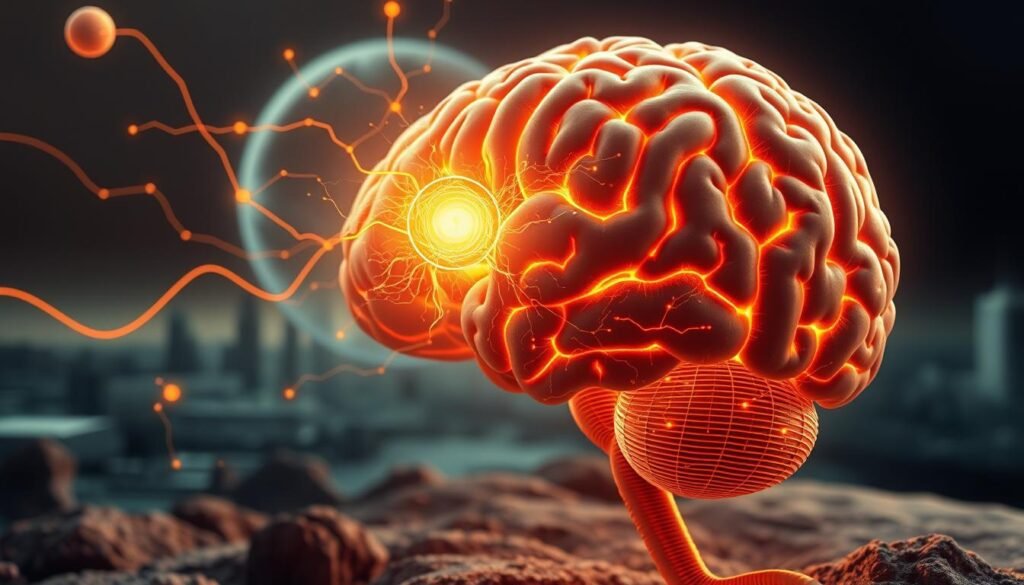 A detailed digital illustration depicting the intricate workings of the human brain, showcasing its remarkable energy consumption. Render the brain in the foreground, with a warm, golden hue illuminating its intricate neural pathways and synaptic connections. In the middle ground, depict the body's energy sources, such as food and oxygen, flowing into the brain. In the background, incorporate a subtle, futuristic cityscape or landscape to convey the broader context of the human mind's place in the world. Employ a cinematic, wide-angle perspective to capture the scale and complexity of this remarkable organ. Maintain a sense of balance, wonder, and scientific curiosity throughout the composition.
