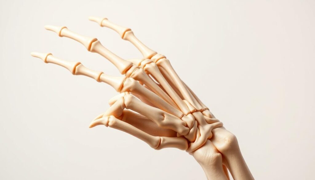 A detailed, high-resolution image of the human hand's skeletal structure, showcasing the various bones and their functions. Crisp, anatomical details with soft, diffused lighting to highlight the intricate architecture of the metacarpals, phalanges, and carpal bones. The composition should emphasize the hand's dexterity and range of motion, capturing the bones' roles in enabling fine motor skills and complex movements. The background should be a clean, neutral palette to keep the focus on the hand's intricate skeletal framework. Capture the hand in a natural, relaxed position, conveying the elegance and functional beauty of the human hand's osseous structure.