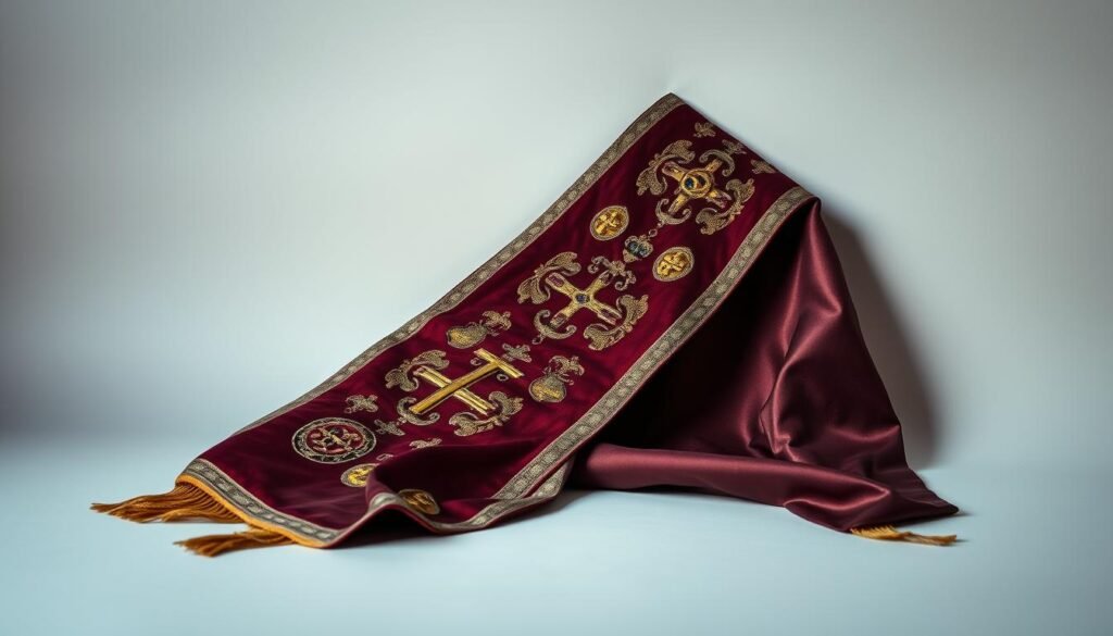 A detailed, intricately designed papal stole, or estola papal, resting against a softly lit, neutral backdrop. The stole is crafted from luxurious, deep-toned fabric, its surface embellished with intricate religious symbols and motifs in gold and jewel-toned threads. The stole drapes elegantly, its folds and textures capturing the solemnity and grandeur associated with the papal office. Subtle highlights and shadows accentuate the dimensional quality of the design, creating a sense of depth and dimension. The overall mood is one of reverence, tradition, and the sacred nature of the papal regalia. A detailed, intricately designed papal stole, or estola papal, resting against a softly lit, neutral backdrop. The stole is crafted from luxurious, deep-toned fabric, its surface embellished with intricate religious symbols and motifs in gold and jewel-toned threads. The stole drapes elegantly, its folds and textures capturing the solemnity and grandeur associated with the papal office. Subtle highlights and shadows accentuate the dimensional quality of the design, creating a sense of depth and dimension. The overall mood is one of reverence, tradition, and the sacred nature of the papal regalia.