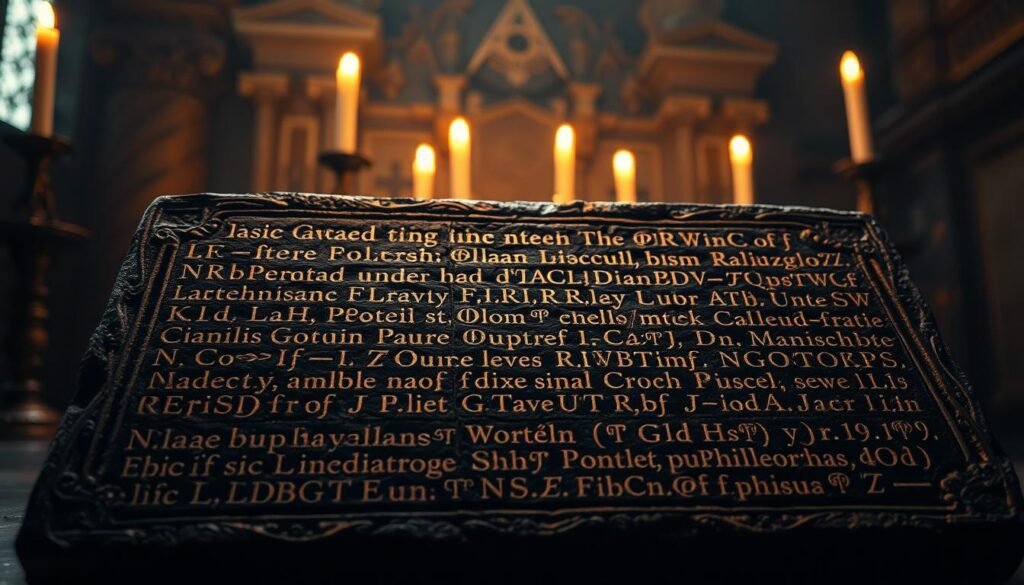 A detailed, meticulously crafted maçonic cipher carved into an ancient stone tablet, illuminated by warm candlelight. The foreground features the intricate symbols and glyphs of the encoded text, with a middle ground of ornately decorated stone work and architectural elements. The background is shrouded in shadows, hinting at the secretive and mysterious nature of the Masonic order. The lighting creates a somber, enigmatic atmosphere, evoking a sense of hidden knowledge and esoteric wisdom.