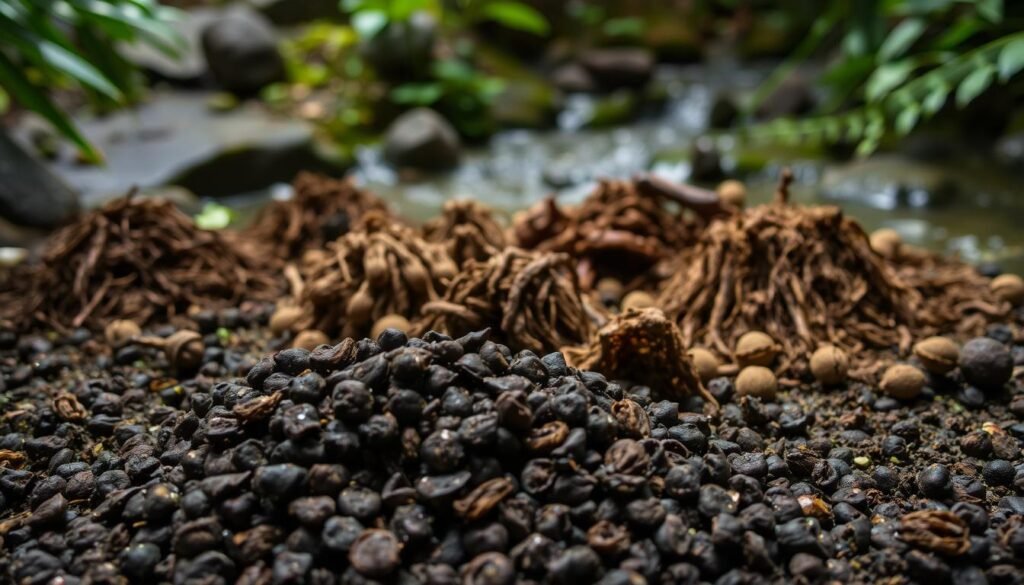 A detailed scene of various animal feces in a natural setting. In the foreground, a pile of small, dark droppings with distinct white speckles, representing the lizard's excrement. In the middle ground, a variety of animal scat, including larger piles, elongated shapes, and different textures and colors, depicting the "outros animais" mentioned in the section title. The background features a lush, verdant environment with foliage, rocks, and a hint of a stream or pond, creating a realistic, immersive setting. The lighting is soft and diffused, highlighting the intricate details of the scat samples. The overall mood is one of scientific curiosity and exploration of the natural world. A detailed scene of various animal feces in a natural setting. In the foreground, a pile of small, dark droppings with distinct white speckles, representing the lizard's excrement. In the middle ground, a variety of animal scat, including larger piles, elongated shapes, and different textures and colors, depicting the "outros animais" mentioned in the section title. The background features a lush, verdant environment with foliage, rocks, and a hint of a stream or pond, creating a realistic, immersive setting. The lighting is soft and diffused, highlighting the intricate details of the scat samples. The overall mood is one of scientific curiosity and exploration of the natural world.